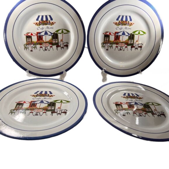 Miracle CAFE MIMI Melamine Melmac Set 4 Salad Plates French Cafe Umbrellas Paris - Picture 4 of 6